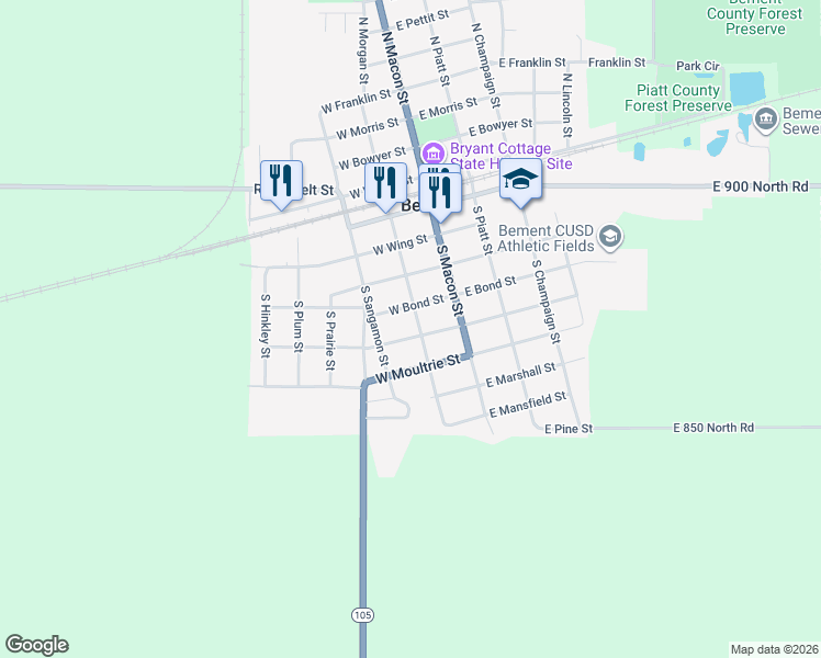 map of restaurants, bars, coffee shops, grocery stores, and more near 281 West Fremont Street in Bement