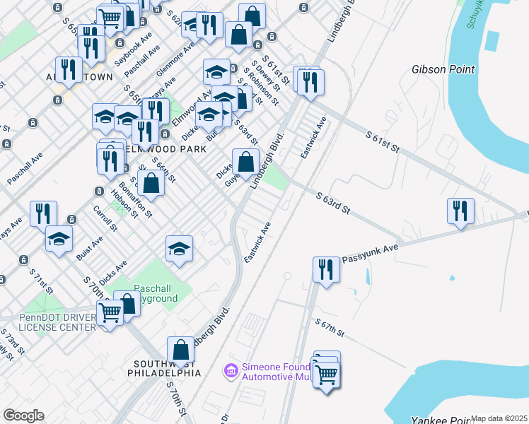 map of restaurants, bars, coffee shops, grocery stores, and more near 2840 South Simpson Street in Philadelphia