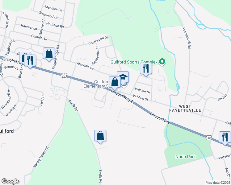 map of restaurants, bars, coffee shops, grocery stores, and more near 2154 Lincoln Way East in Chambersburg
