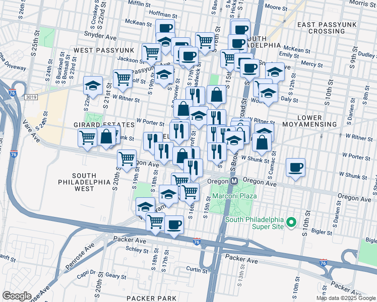 map of restaurants, bars, coffee shops, grocery stores, and more near 2604 South Bancroft Street in Philadelphia