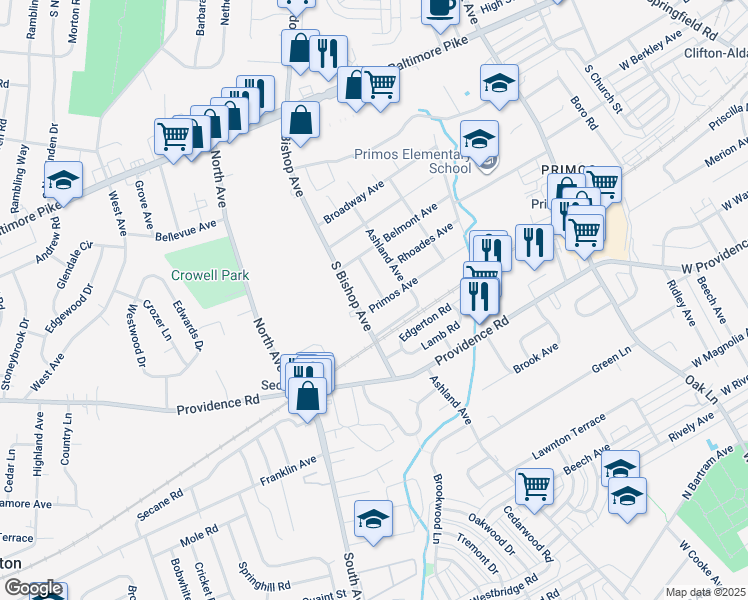 map of restaurants, bars, coffee shops, grocery stores, and more near 1113 Primos Avenue in Delaware County