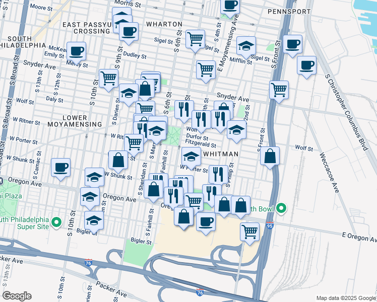 map of restaurants, bars, coffee shops, grocery stores, and more near 418 West Ritner Street in Philadelphia