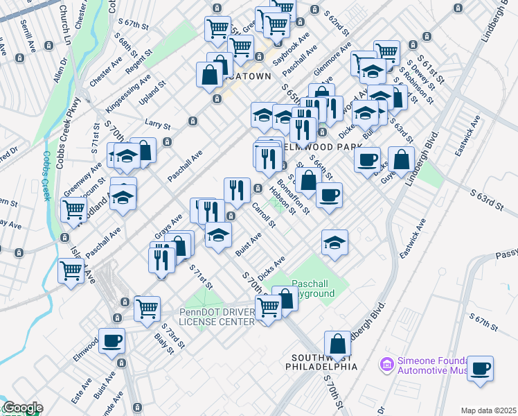 map of restaurants, bars, coffee shops, grocery stores, and more near 2547 Carroll Street in Philadelphia