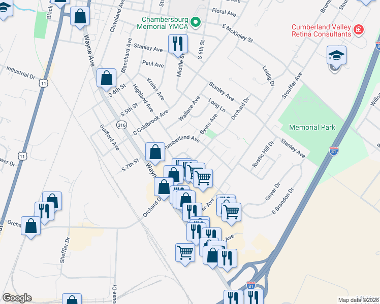 map of restaurants, bars, coffee shops, grocery stores, and more near 1052 Orchard Drive in Chambersburg