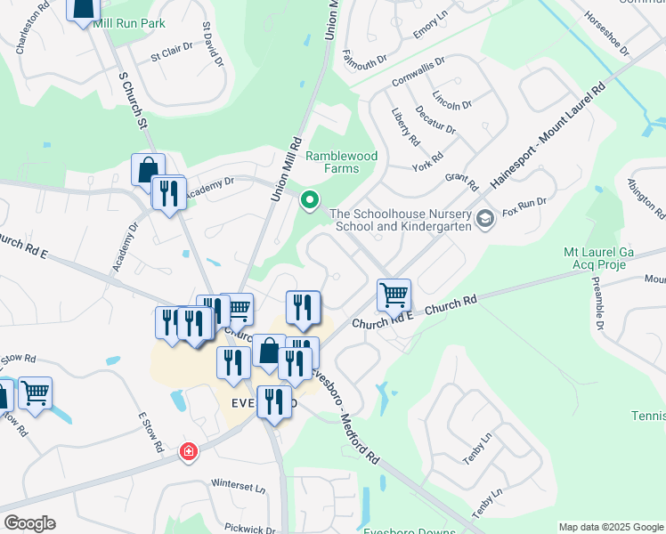 map of restaurants, bars, coffee shops, grocery stores, and more near 865 Lafayette Drive in Mount Laurel Township