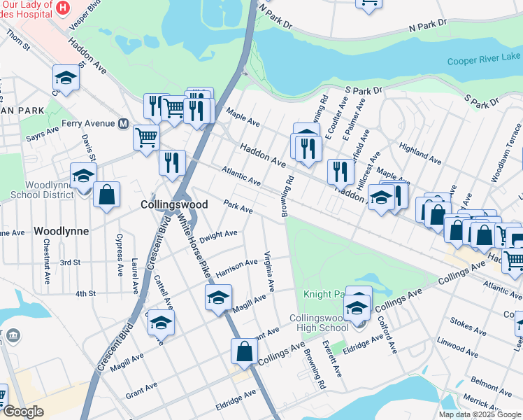 map of restaurants, bars, coffee shops, grocery stores, and more near 215 West Franklin Avenue in Collingswood