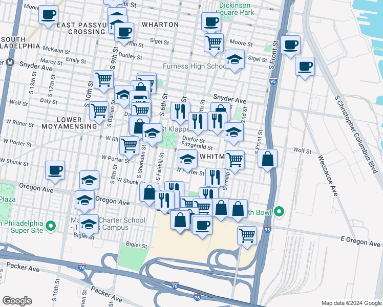 map of restaurants, bars, coffee shops, grocery stores, and more near 2424 South 4th Street in Philadelphia