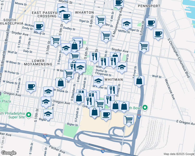 map of restaurants, bars, coffee shops, grocery stores, and more near 418 West Ritner Street in Philadelphia