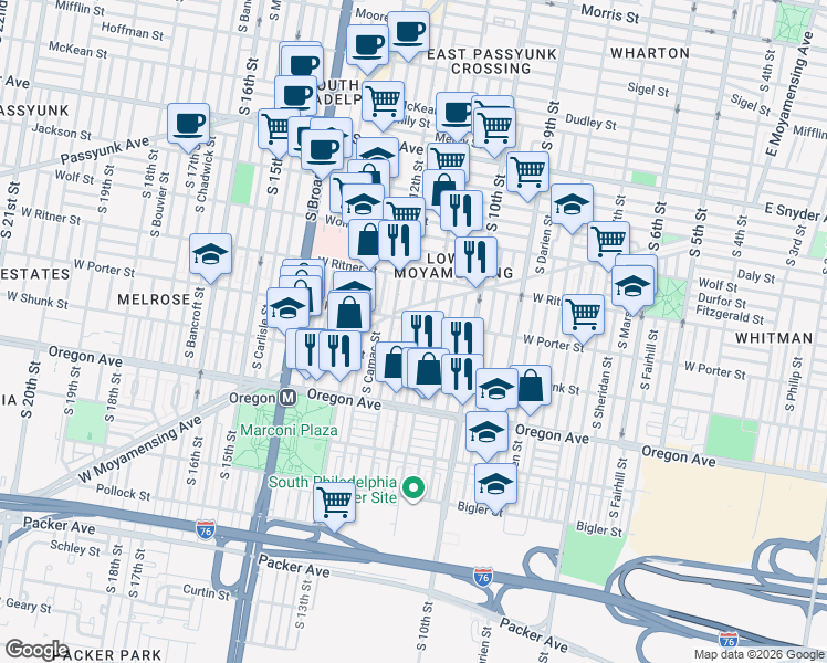 map of restaurants, bars, coffee shops, grocery stores, and more near 2539 South Sartain Street in Philadelphia