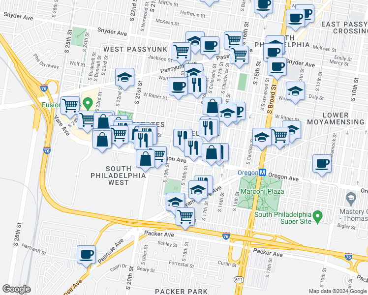 map of restaurants, bars, coffee shops, grocery stores, and more near 1815-23 West Oregon Avenue in Philadelphia