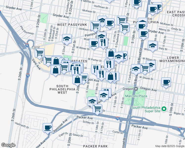 map of restaurants, bars, coffee shops, grocery stores, and more near 1815-23 West Oregon Avenue in Philadelphia