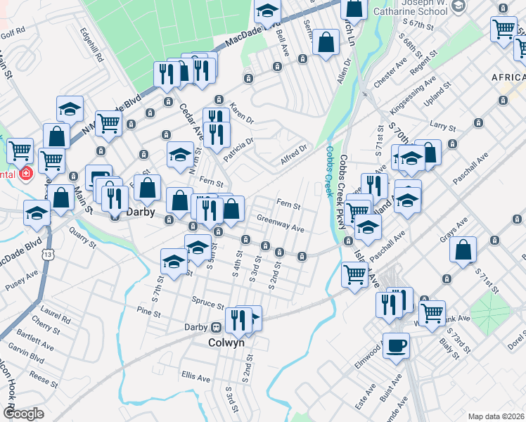 map of restaurants, bars, coffee shops, grocery stores, and more near 312 Greenway Avenue in Darby