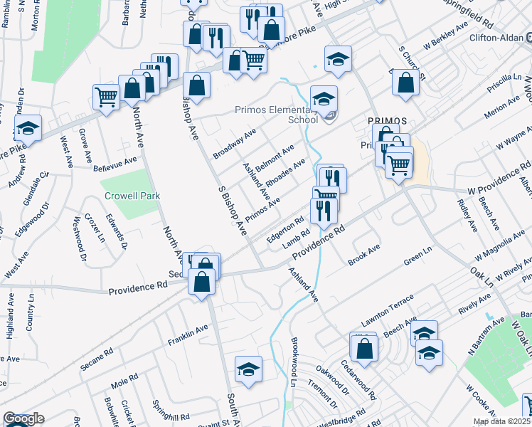 map of restaurants, bars, coffee shops, grocery stores, and more near 1104 Primos Avenue in Delaware County