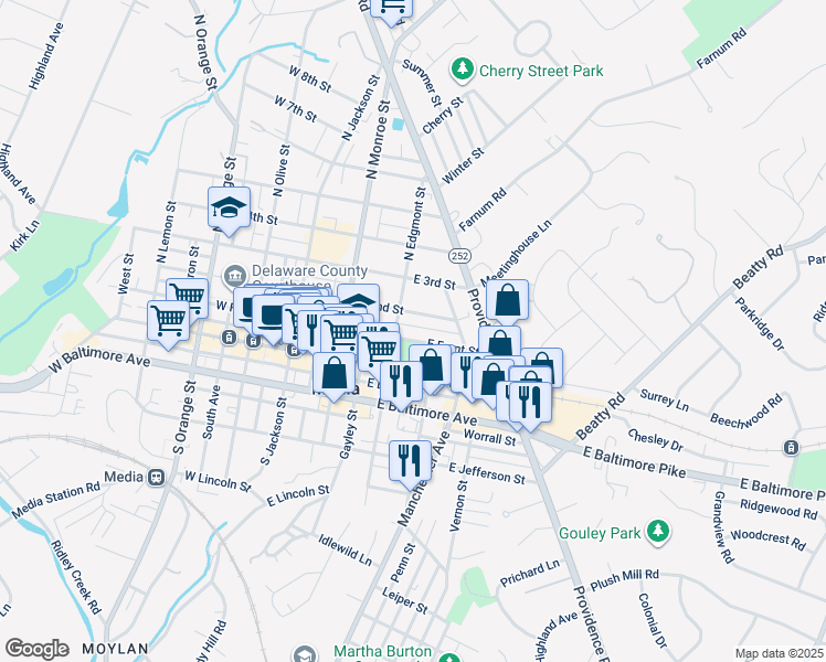 map of restaurants, bars, coffee shops, grocery stores, and more near 239 East Front Street in Media