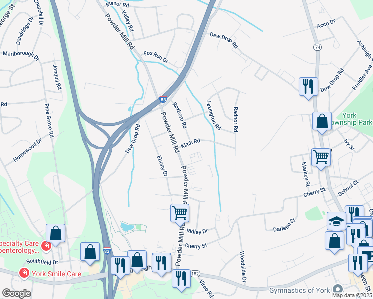 map of restaurants, bars, coffee shops, grocery stores, and more near 152 Kirch Road in York