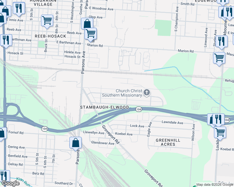 map of restaurants, bars, coffee shops, grocery stores, and more near 561 Stambaugh Avenue in Columbus