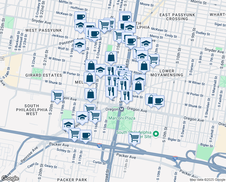 map of restaurants, bars, coffee shops, grocery stores, and more near 1435 West Shunk Street in Philadelphia