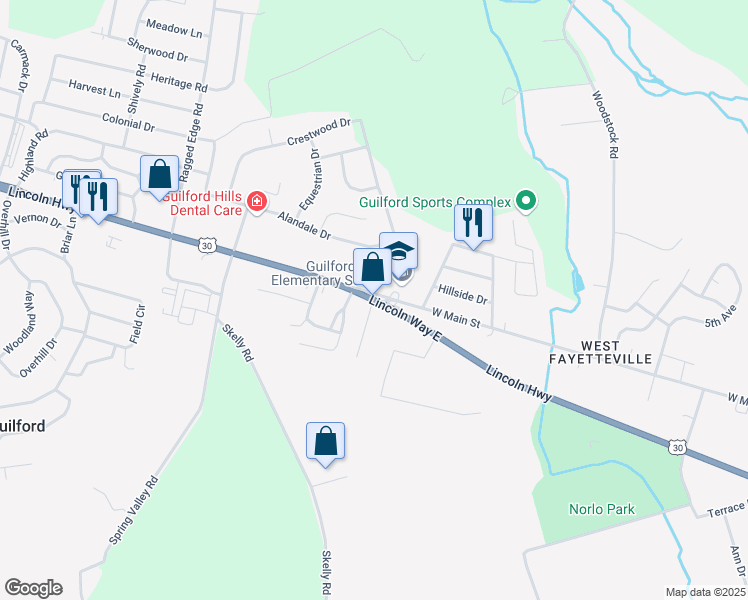 map of restaurants, bars, coffee shops, grocery stores, and more near 2105 Lincoln Way East in Chambersburg