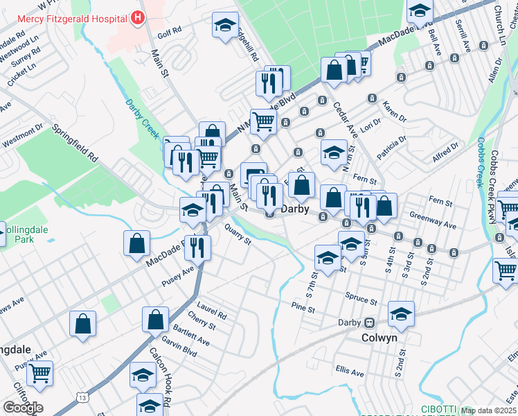 map of restaurants, bars, coffee shops, grocery stores, and more near 862 Main Street in Darby