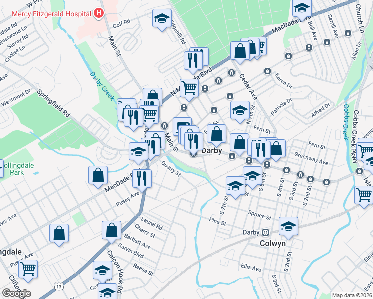 map of restaurants, bars, coffee shops, grocery stores, and more near 862 Main Street in Darby