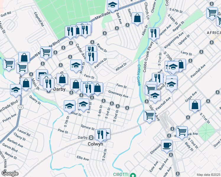 map of restaurants, bars, coffee shops, grocery stores, and more near 306 Berbro Street in Darby