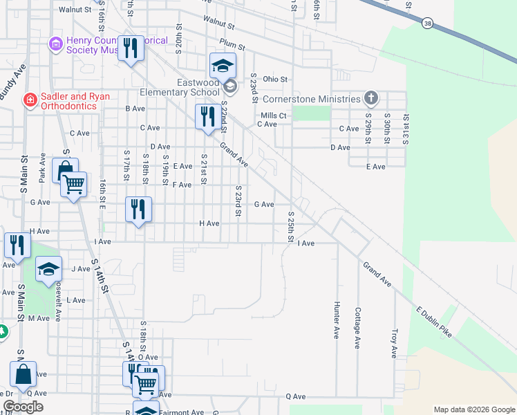 map of restaurants, bars, coffee shops, grocery stores, and more near 2318 H Avenue in New Castle