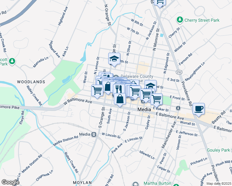 map of restaurants, bars, coffee shops, grocery stores, and more near 34 West State Street in Media