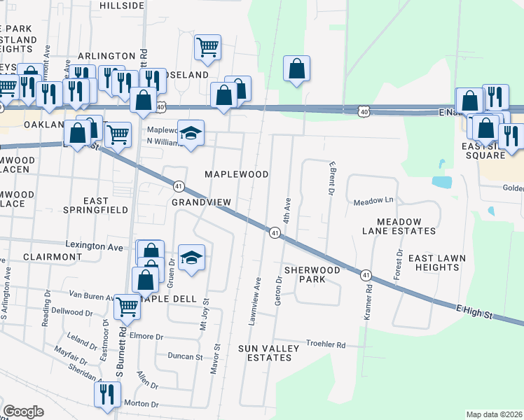 map of restaurants, bars, coffee shops, grocery stores, and more near 3000 East High Street in Springfield