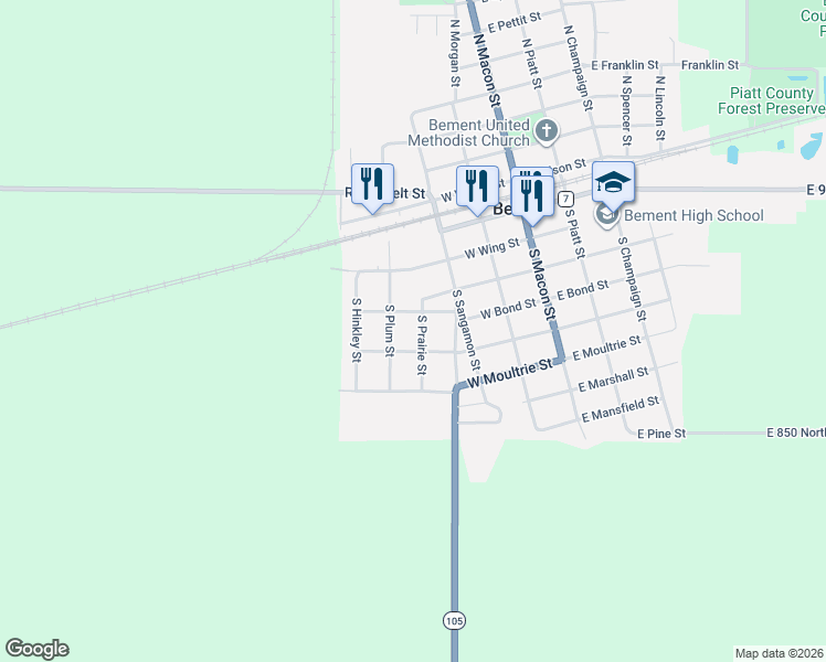 map of restaurants, bars, coffee shops, grocery stores, and more near 401 West Shumway Street in Bement