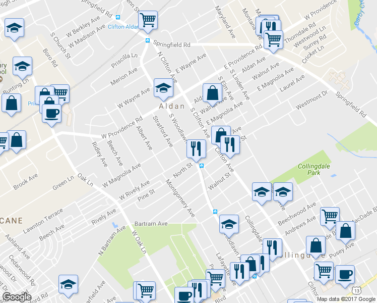 map of restaurants, bars, coffee shops, grocery stores, and more near 126 South Woodlawn Avenue in Aldan