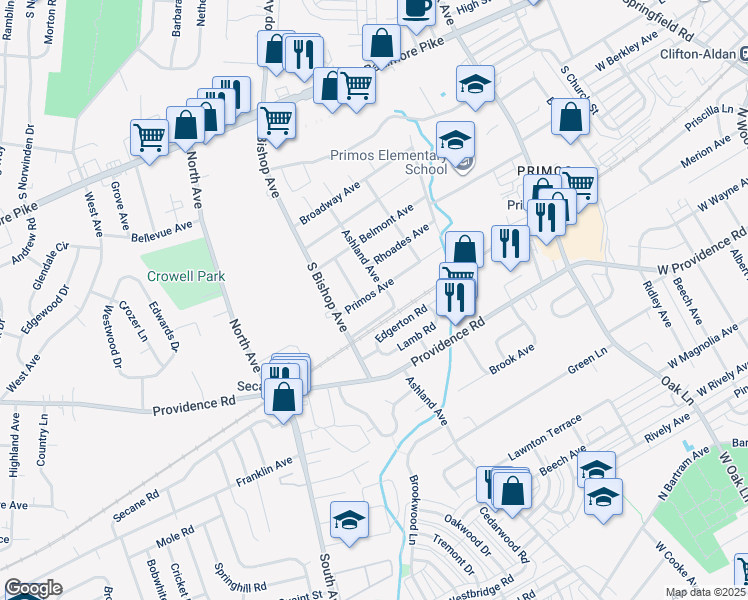map of restaurants, bars, coffee shops, grocery stores, and more near 1104 Primos Avenue in Delaware County