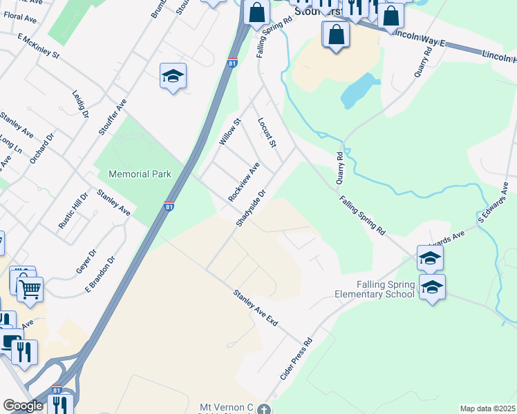 map of restaurants, bars, coffee shops, grocery stores, and more near 654 Shadyside Drive in Chambersburg