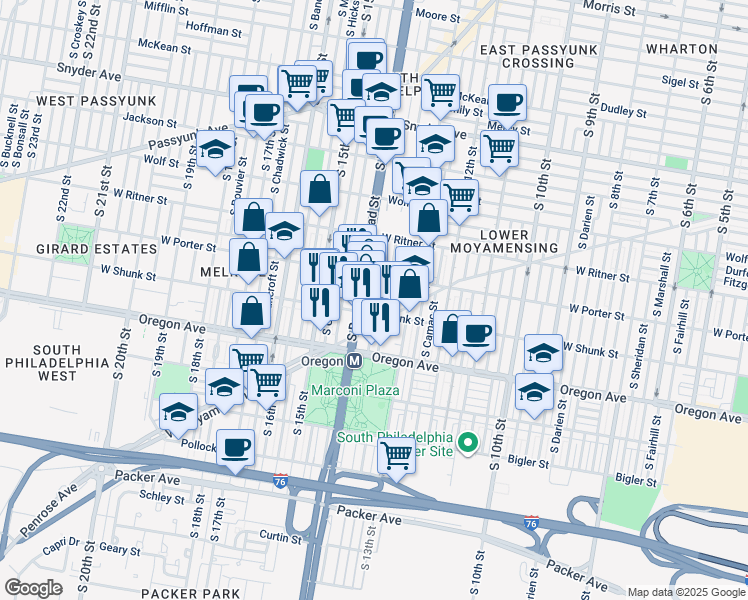 map of restaurants, bars, coffee shops, grocery stores, and more near 2536 South Watts Street in Philadelphia