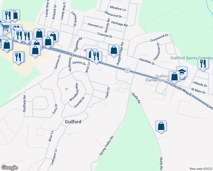 map of restaurants, bars, coffee shops, grocery stores, and more near 32 Field Circle in Chambersburg