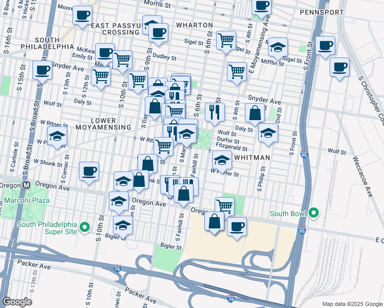 map of restaurants, bars, coffee shops, grocery stores, and more near 2415 South 6th Street in Philadelphia