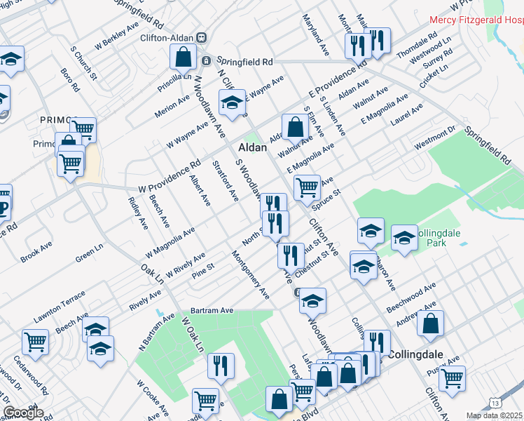 map of restaurants, bars, coffee shops, grocery stores, and more near 126 South Woodlawn Avenue in Aldan