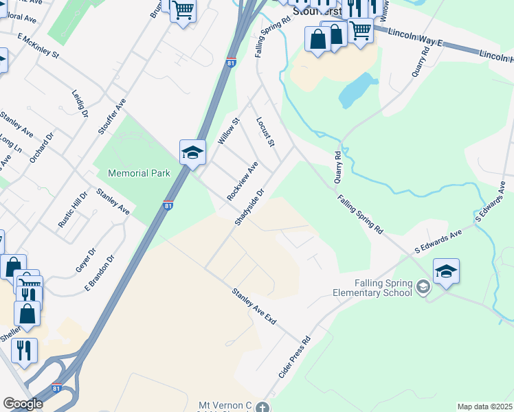 map of restaurants, bars, coffee shops, grocery stores, and more near 654 Shadyside Drive in Chambersburg