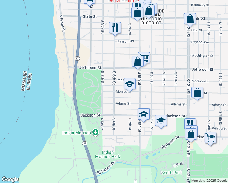 map of restaurants, bars, coffee shops, grocery stores, and more near 1100 South 6th Street in Quincy