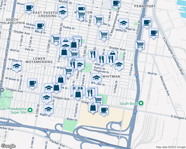 map of restaurants, bars, coffee shops, grocery stores, and more near 426 West Ritner Street in Philadelphia