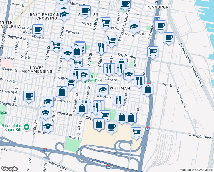 map of restaurants, bars, coffee shops, grocery stores, and more near S 4th St & W Ritner St in Philadelphia