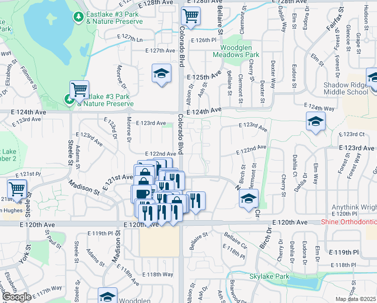 map of restaurants, bars, coffee shops, grocery stores, and more near 12220 Colorado Boulevard in Thornton