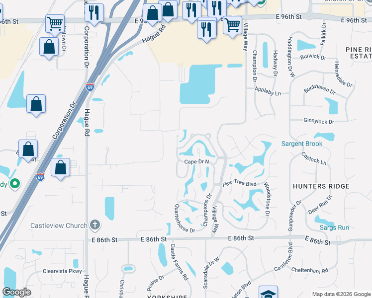 map of restaurants, bars, coffee shops, grocery stores, and more near 8110 Cape Drive North in Indianapolis
