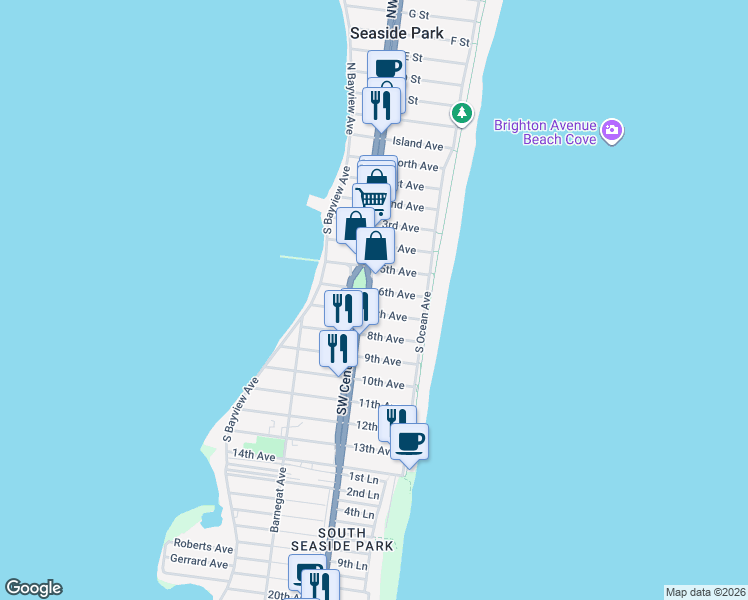 map of restaurants, bars, coffee shops, grocery stores, and more near 704 Southeast Central Avenue in Seaside Park
