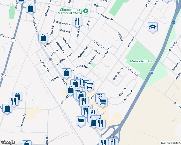 map of restaurants, bars, coffee shops, grocery stores, and more near 1024 Orchard Drive in Chambersburg