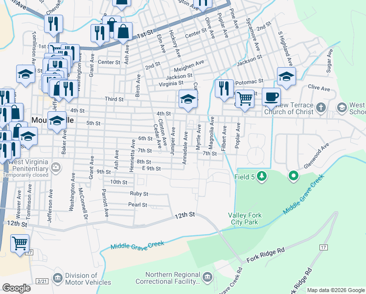 map of restaurants, bars, coffee shops, grocery stores, and more near 433 Annadale Avenue in Moundsville