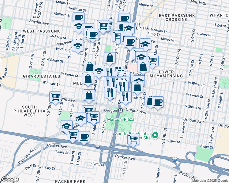 map of restaurants, bars, coffee shops, grocery stores, and more near 2543 South Carlisle Street in Philadelphia