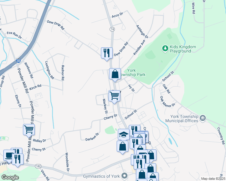 map of restaurants, bars, coffee shops, grocery stores, and more near 2374 South Queen Street in York