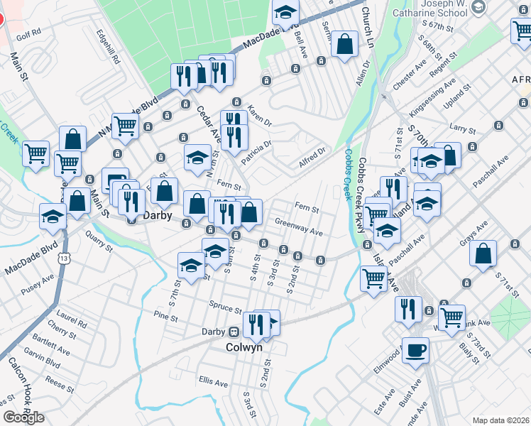 map of restaurants, bars, coffee shops, grocery stores, and more near 312 Greenway Avenue in Darby