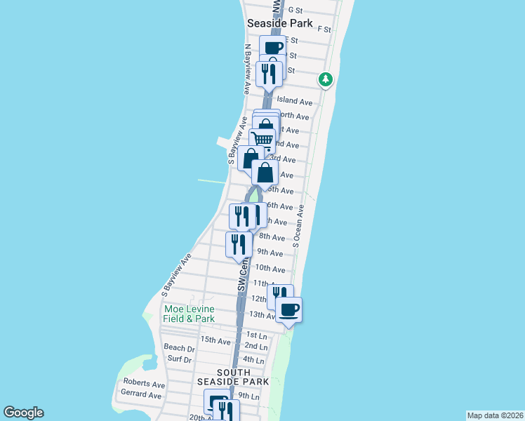 map of restaurants, bars, coffee shops, grocery stores, and more near 604 Southeast Central Avenue in Seaside Park