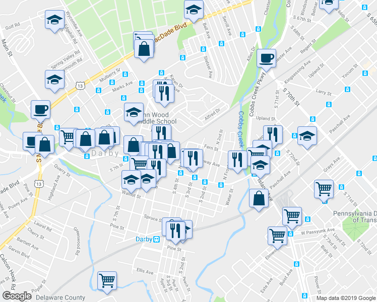 map of restaurants, bars, coffee shops, grocery stores, and more near 318 Berbro Street in Darby